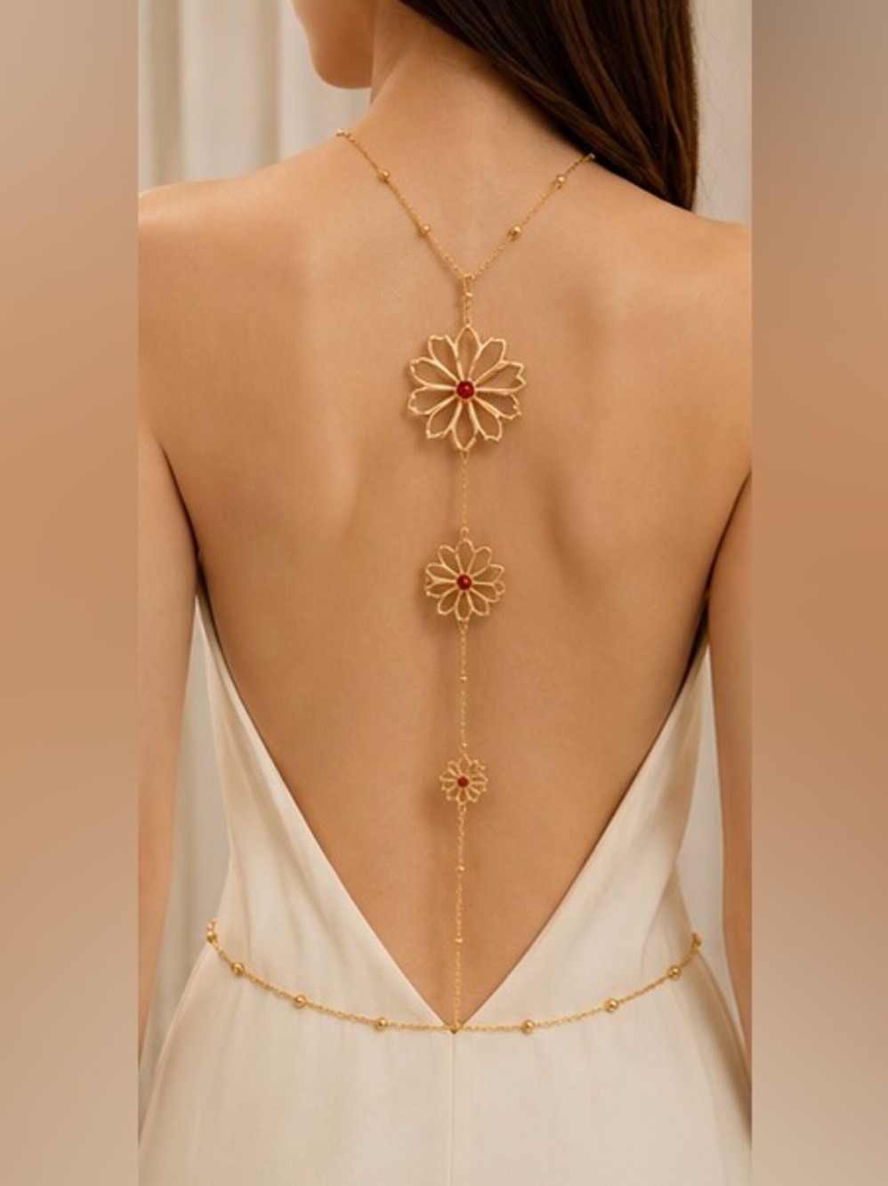 Gold Floral Body Chain Necklace Red Crystal Flower Statement Jewelry